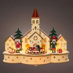 Village De Noël En Bois|KAEMINGK Village de Noël en bois lumineux et musical à piles (30 x H24 cm) Église et casse-noisette