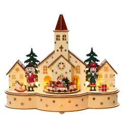 Village De Noël En Bois|KAEMINGK Village de Noël en bois lumineux et musical à piles (30 x H24 cm) Église et casse-noisette
