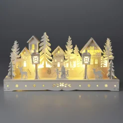 Village De Noël En Bois|KOOPMAN Village de Noël en bois lumineux à piles (29 x H14 cm) Square enchanté Blanc