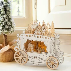 Village De Noël En Bois|Déco Et Objet Lumineux|KAEMINGK Village de Noël en bois lumineux à piles (H23 cm) Diligence Naturel