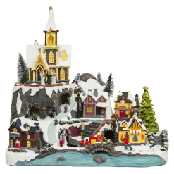 Village De Noël Lumineux|JJA Village de Noël lumineux animé et musical (H45 cm) Grande église et train Multicolore