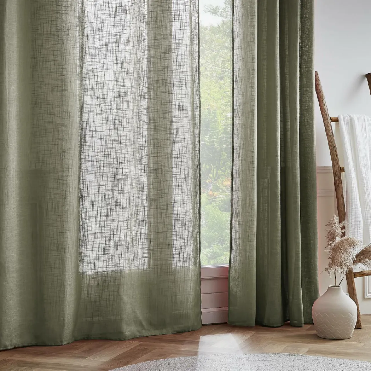 Voilage|EMINZA Voilage grande largeur effet lin(400 x 240 cm) Robin Vert romarin