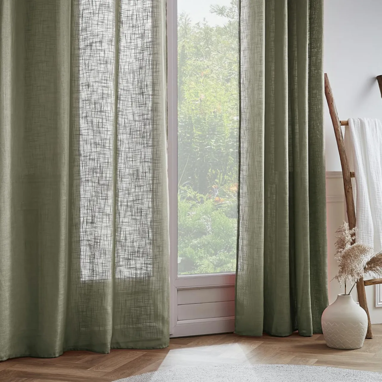 Voilage|EMINZA Voilage œillets effet lin (140 x 280 cm) Robin Vert romarin