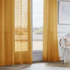 Voilage|EMINZA Voilage oeillets pompons (140 x 240 cm) Emie Jaune moutarde