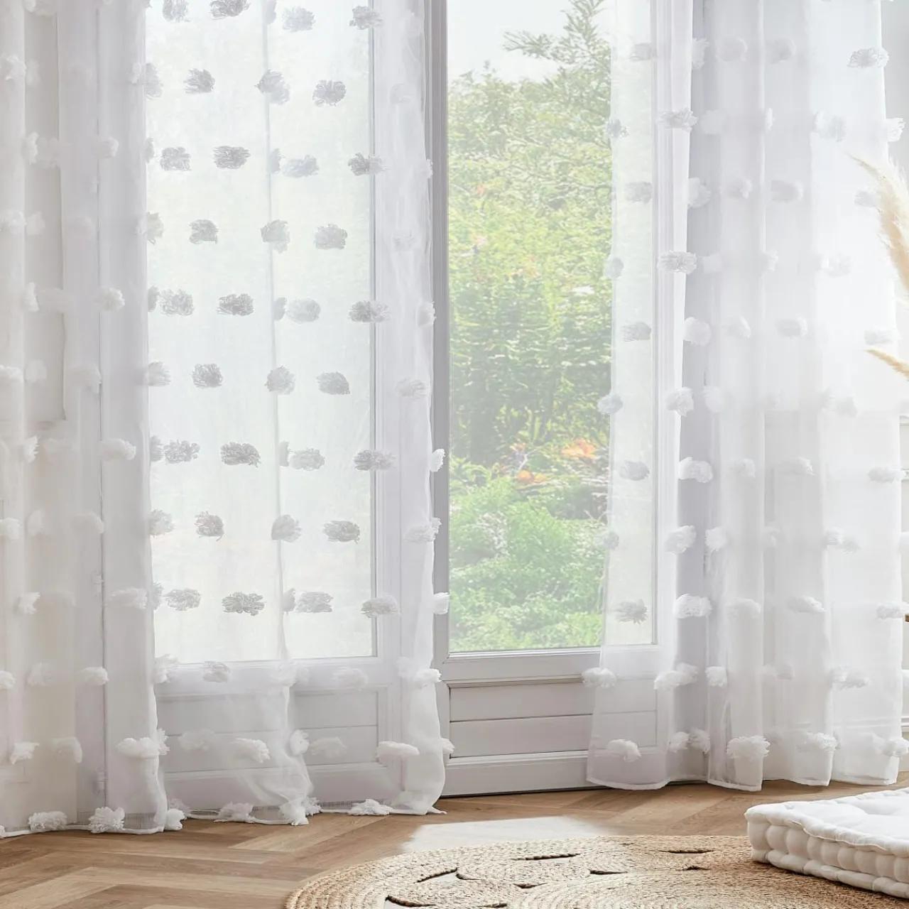 Voilage|EMINZA Voilage oeillets pompons (140 x 280 cm) Suzie Blanc